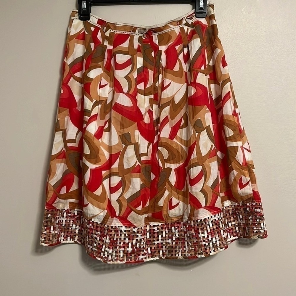 Etcetera Women Red Brown Abstract Print Cotton Pleated Skirt Woven‎ Hem Size 2
